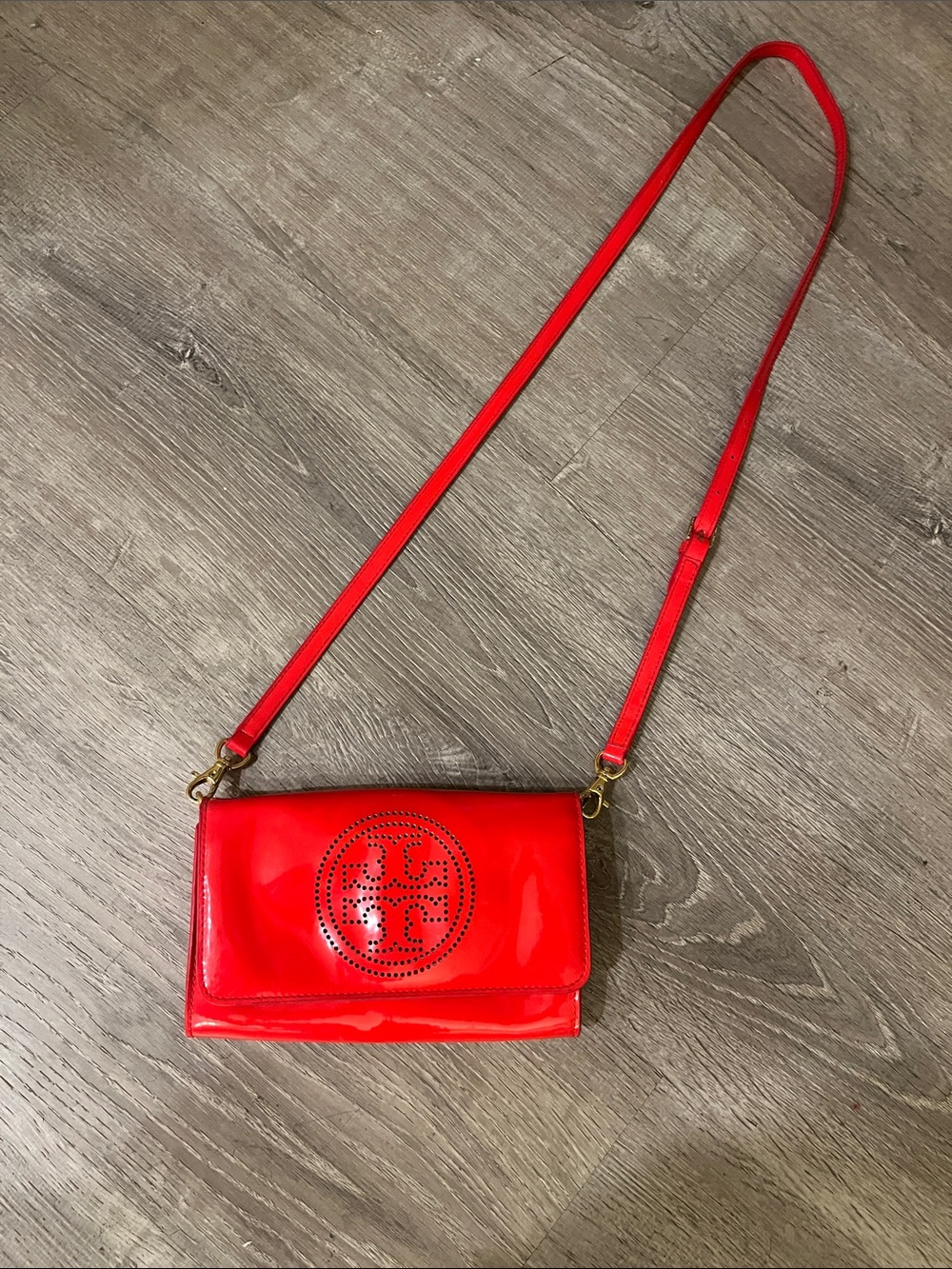 Tory Burch Red Patent Leather Crossbody with Perforated Logo